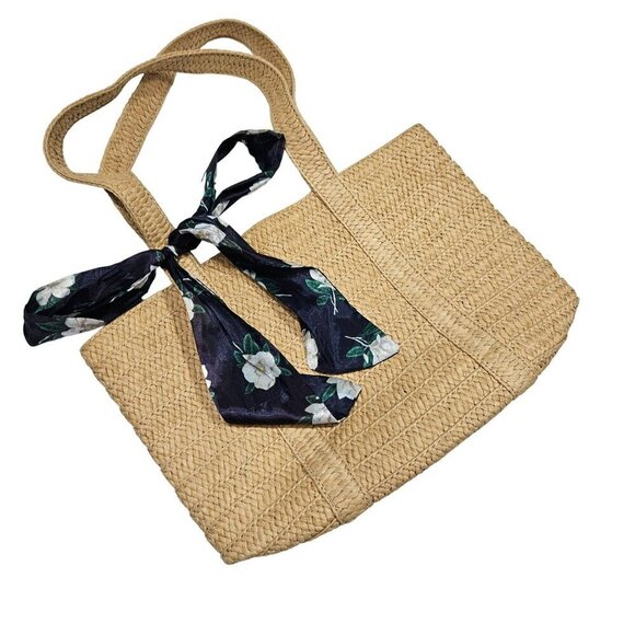 Draper James Woven Straw Tote Bag With Navy Floral Scarf Accent Interior Pockets - Picture 1 of 9